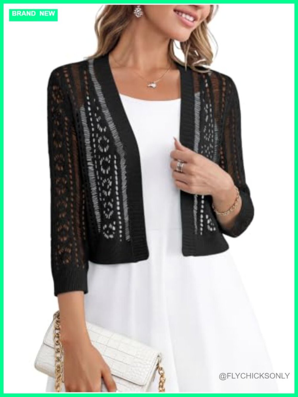 Women's Crochet Shrug Sweater Knit Bolero 3/4 Sleeve Open Front Cropped Cardigan